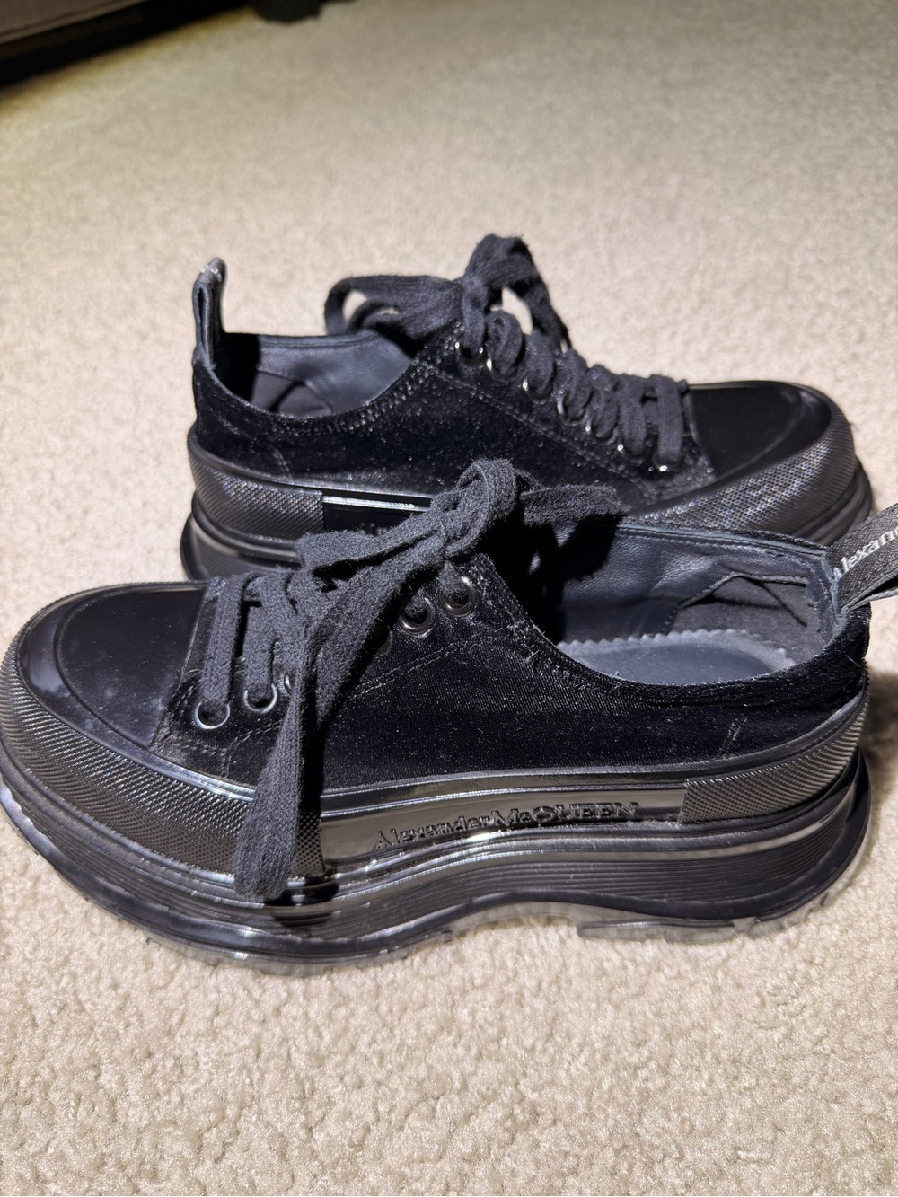 Alexander McQueen Black Velvet Platform Lace-Up Sneakers